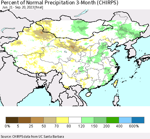 China, Mongolia and Taiwan Percent of Normal Precipitation 3-Month (CHIRPS) Thematic Map For 6/21/2023 - 9/20/2023