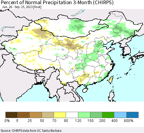 China, Mongolia and Taiwan Percent of Normal Precipitation 3-Month (CHIRPS) Thematic Map For 6/26/2023 - 9/25/2023
