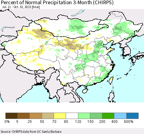 China, Mongolia and Taiwan Percent of Normal Precipitation 3-Month (CHIRPS) Thematic Map For 7/11/2023 - 10/10/2023