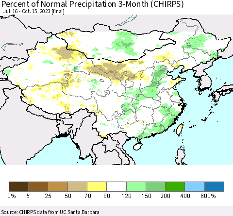 China, Mongolia and Taiwan Percent of Normal Precipitation 3-Month (CHIRPS) Thematic Map For 7/16/2023 - 10/15/2023