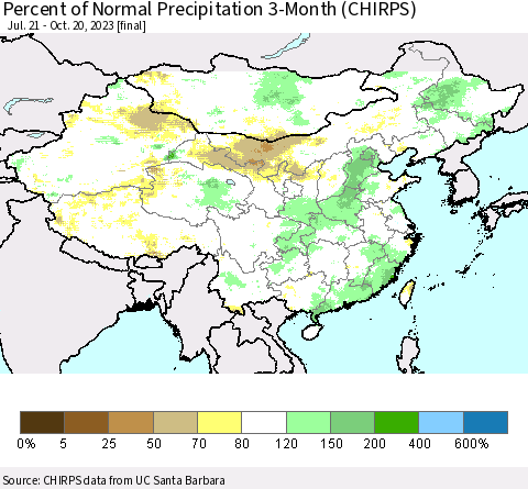 China, Mongolia and Taiwan Percent of Normal Precipitation 3-Month (CHIRPS) Thematic Map For 7/21/2023 - 10/20/2023