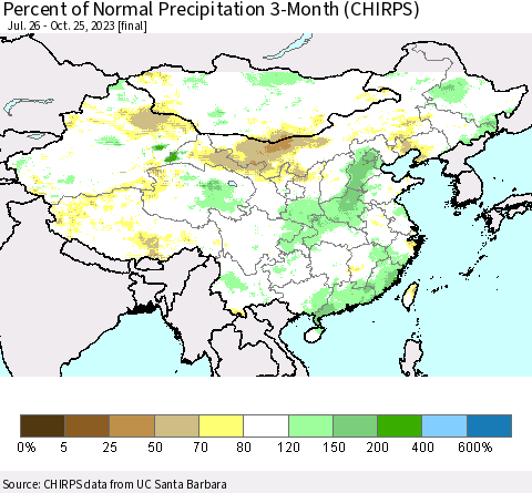 China, Mongolia and Taiwan Percent of Normal Precipitation 3-Month (CHIRPS) Thematic Map For 7/26/2023 - 10/25/2023