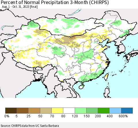 China, Mongolia and Taiwan Percent of Normal Precipitation 3-Month (CHIRPS) Thematic Map For 8/1/2023 - 10/31/2023