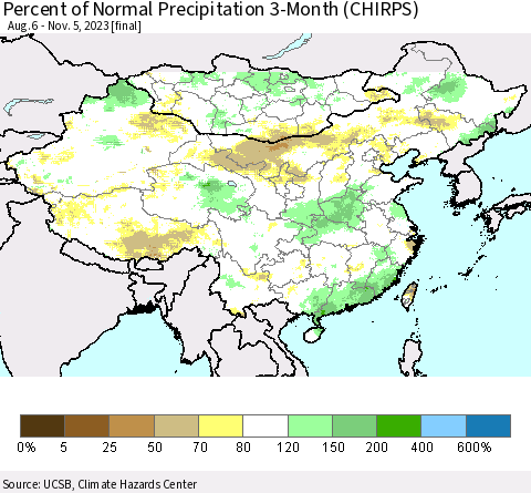 China, Mongolia and Taiwan Percent of Normal Precipitation 3-Month (CHIRPS) Thematic Map For 8/6/2023 - 11/5/2023