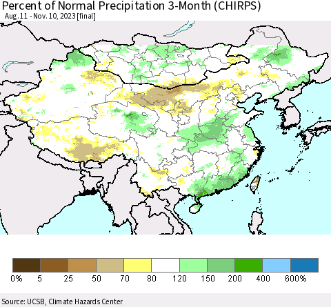 China, Mongolia and Taiwan Percent of Normal Precipitation 3-Month (CHIRPS) Thematic Map For 8/11/2023 - 11/10/2023
