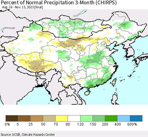 China, Mongolia and Taiwan Percent of Normal Precipitation 3-Month (CHIRPS) Thematic Map For 8/16/2023 - 11/15/2023