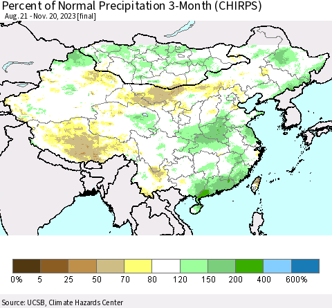 China, Mongolia and Taiwan Percent of Normal Precipitation 3-Month (CHIRPS) Thematic Map For 8/21/2023 - 11/20/2023