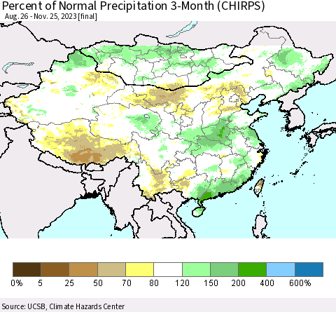 China, Mongolia and Taiwan Percent of Normal Precipitation 3-Month (CHIRPS) Thematic Map For 8/26/2023 - 11/25/2023