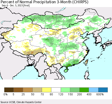 China, Mongolia and Taiwan Percent of Normal Precipitation 3-Month (CHIRPS) Thematic Map For 9/6/2023 - 12/5/2023