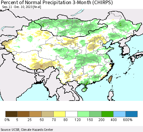 China, Mongolia and Taiwan Percent of Normal Precipitation 3-Month (CHIRPS) Thematic Map For 9/11/2023 - 12/10/2023