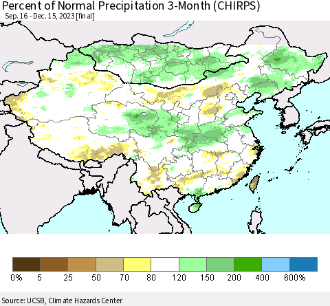 China, Mongolia and Taiwan Percent of Normal Precipitation 3-Month (CHIRPS) Thematic Map For 9/16/2023 - 12/15/2023