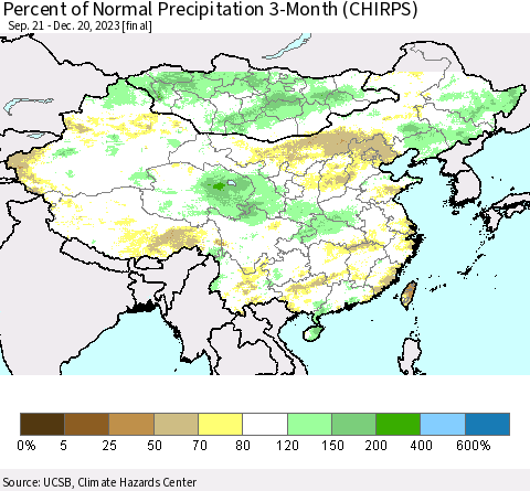 China, Mongolia and Taiwan Percent of Normal Precipitation 3-Month (CHIRPS) Thematic Map For 9/21/2023 - 12/20/2023
