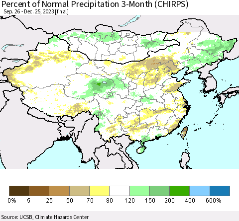 China, Mongolia and Taiwan Percent of Normal Precipitation 3-Month (CHIRPS) Thematic Map For 9/26/2023 - 12/25/2023