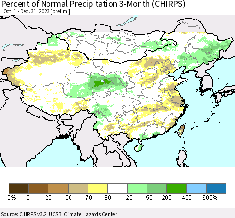 China, Mongolia and Taiwan Percent of Normal Precipitation 3-Month (CHIRPS) Thematic Map For 10/1/2023 - 12/31/2023