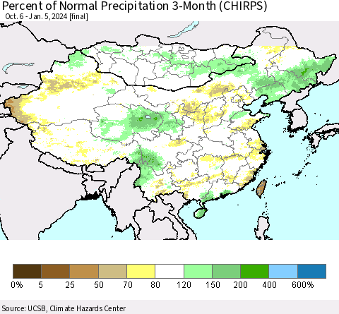 China, Mongolia and Taiwan Percent of Normal Precipitation 3-Month (CHIRPS) Thematic Map For 10/6/2023 - 1/5/2024