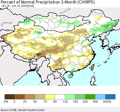 China, Mongolia and Taiwan Percent of Normal Precipitation 3-Month (CHIRPS) Thematic Map For 10/16/2023 - 1/15/2024