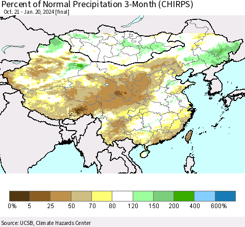 China, Mongolia and Taiwan Percent of Normal Precipitation 3-Month (CHIRPS) Thematic Map For 10/21/2023 - 1/20/2024