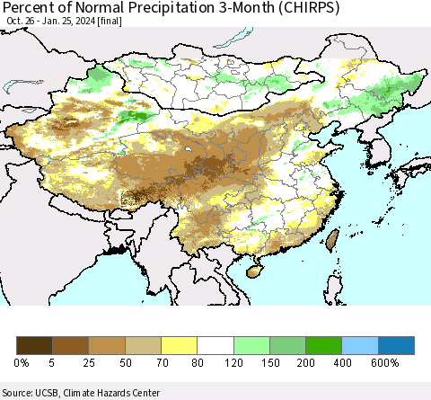 China, Mongolia and Taiwan Percent of Normal Precipitation 3-Month (CHIRPS) Thematic Map For 10/26/2023 - 1/25/2024