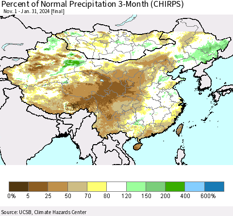 China, Mongolia and Taiwan Percent of Normal Precipitation 3-Month (CHIRPS) Thematic Map For 11/1/2023 - 1/31/2024