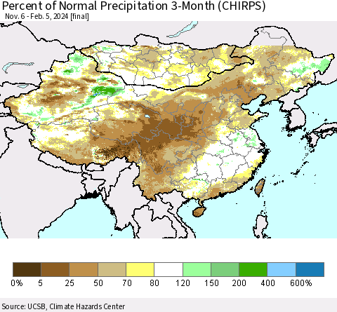 China, Mongolia and Taiwan Percent of Normal Precipitation 3-Month (CHIRPS) Thematic Map For 11/6/2023 - 2/5/2024
