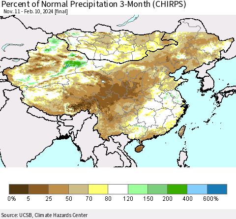 China, Mongolia and Taiwan Percent of Normal Precipitation 3-Month (CHIRPS) Thematic Map For 11/11/2023 - 2/10/2024