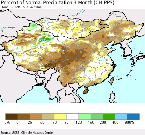 China, Mongolia and Taiwan Percent of Normal Precipitation 3-Month (CHIRPS) Thematic Map For 11/16/2023 - 2/15/2024