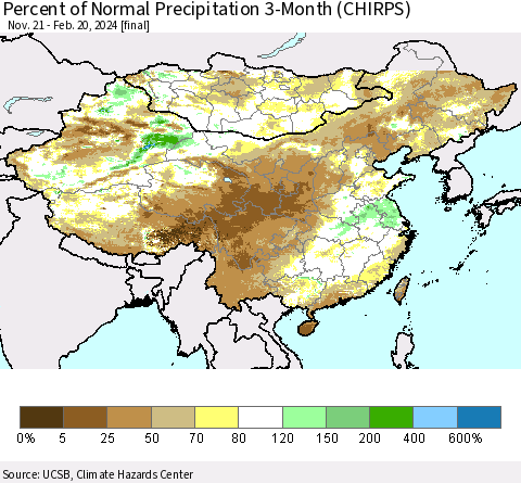 China, Mongolia and Taiwan Percent of Normal Precipitation 3-Month (CHIRPS) Thematic Map For 11/21/2023 - 2/20/2024