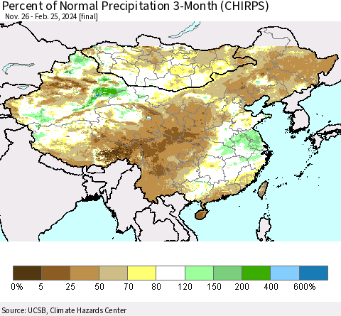China, Mongolia and Taiwan Percent of Normal Precipitation 3-Month (CHIRPS) Thematic Map For 11/26/2023 - 2/25/2024