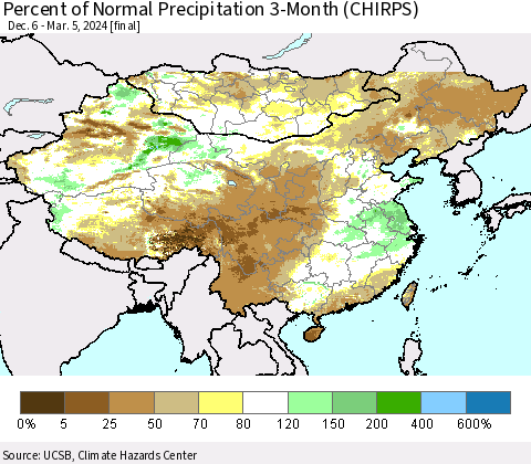 China, Mongolia and Taiwan Percent of Normal Precipitation 3-Month (CHIRPS) Thematic Map For 12/6/2023 - 3/5/2024