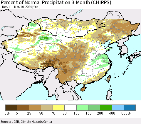 China, Mongolia and Taiwan Percent of Normal Precipitation 3-Month (CHIRPS) Thematic Map For 12/11/2023 - 3/10/2024