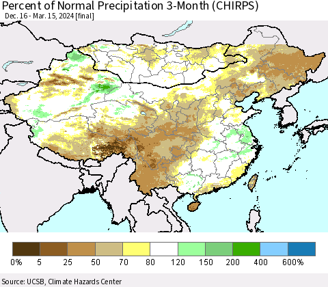 China, Mongolia and Taiwan Percent of Normal Precipitation 3-Month (CHIRPS) Thematic Map For 12/16/2023 - 3/15/2024