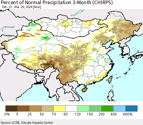 China, Mongolia and Taiwan Percent of Normal Precipitation 3-Month (CHIRPS) Thematic Map For 12/21/2023 - 3/20/2024
