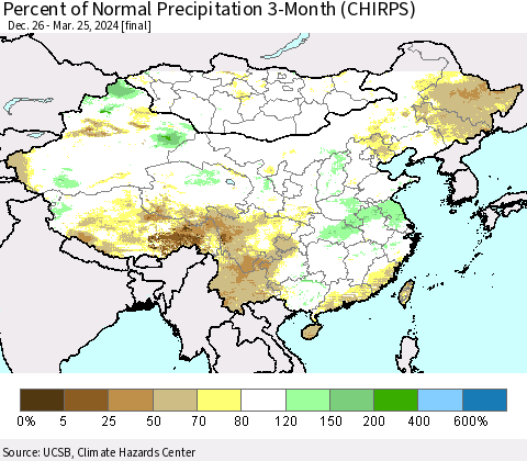 China, Mongolia and Taiwan Percent of Normal Precipitation 3-Month (CHIRPS) Thematic Map For 12/26/2023 - 3/25/2024