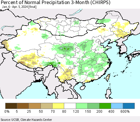 China, Mongolia and Taiwan Percent of Normal Precipitation 3-Month (CHIRPS) Thematic Map For 1/6/2024 - 4/5/2024