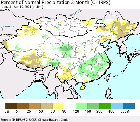 China, Mongolia and Taiwan Percent of Normal Precipitation 3-Month (CHIRPS) Thematic Map For 1/11/2024 - 4/10/2024