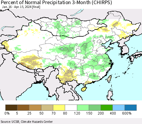 China, Mongolia and Taiwan Percent of Normal Precipitation 3-Month (CHIRPS) Thematic Map For 1/16/2024 - 4/15/2024
