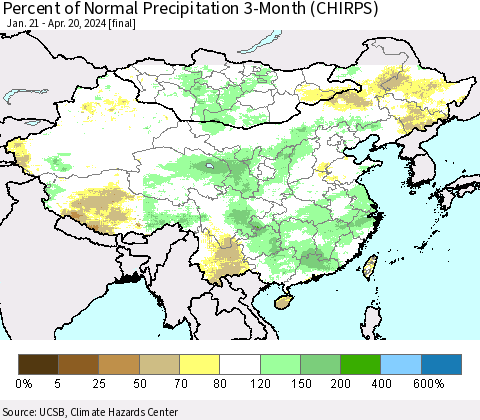 China, Mongolia and Taiwan Percent of Normal Precipitation 3-Month (CHIRPS) Thematic Map For 1/21/2024 - 4/20/2024
