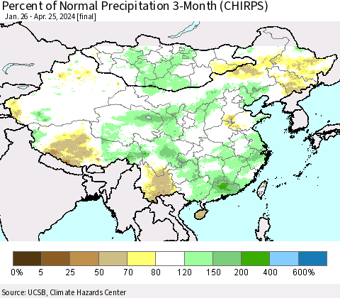 China, Mongolia and Taiwan Percent of Normal Precipitation 3-Month (CHIRPS) Thematic Map For 1/26/2024 - 4/25/2024