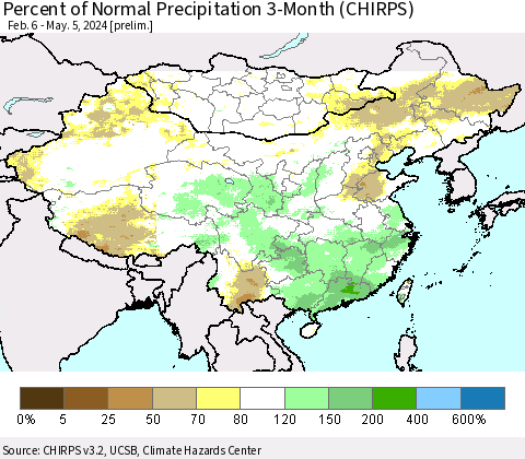 China, Mongolia and Taiwan Percent of Normal Precipitation 3-Month (CHIRPS) Thematic Map For 2/6/2024 - 5/5/2024