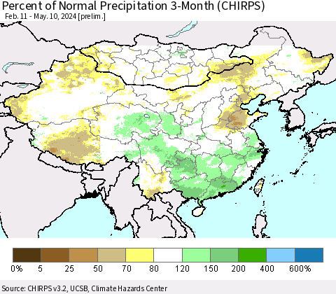 China, Mongolia and Taiwan Percent of Normal Precipitation 3-Month (CHIRPS) Thematic Map For 2/11/2024 - 5/10/2024