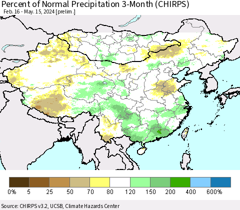 China, Mongolia and Taiwan Percent of Normal Precipitation 3-Month (CHIRPS) Thematic Map For 2/16/2024 - 5/15/2024