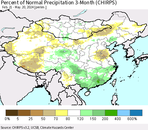 China, Mongolia and Taiwan Percent of Normal Precipitation 3-Month (CHIRPS) Thematic Map For 2/21/2024 - 5/20/2024