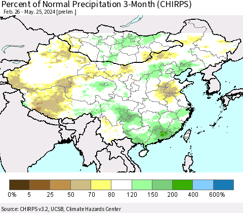 China, Mongolia and Taiwan Percent of Normal Precipitation 3-Month (CHIRPS) Thematic Map For 2/26/2024 - 5/25/2024