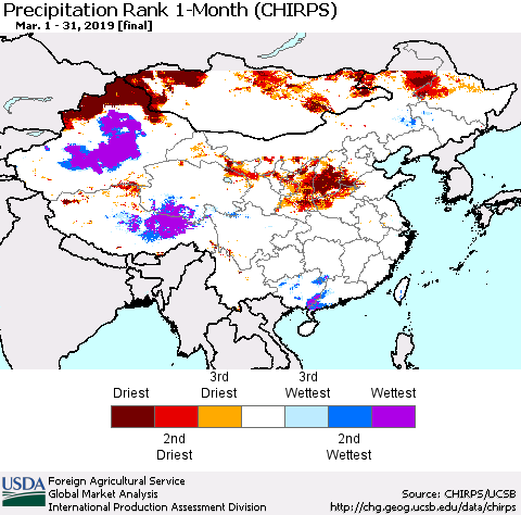 China, Mongolia and Taiwan Precipitation Rank since 1981, 1-Month (CHIRPS) Thematic Map For 3/1/2019 - 3/31/2019