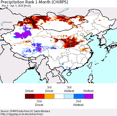China and Taiwan Precipitation Rank 1-Month (CHIRPS) Thematic Map For 3/6/2019 - 4/5/2019