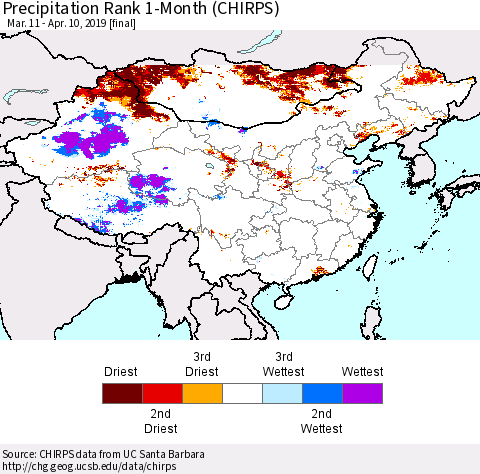 China, Mongolia and Taiwan Precipitation Rank since 1981, 1-Month (CHIRPS) Thematic Map For 3/11/2019 - 4/10/2019