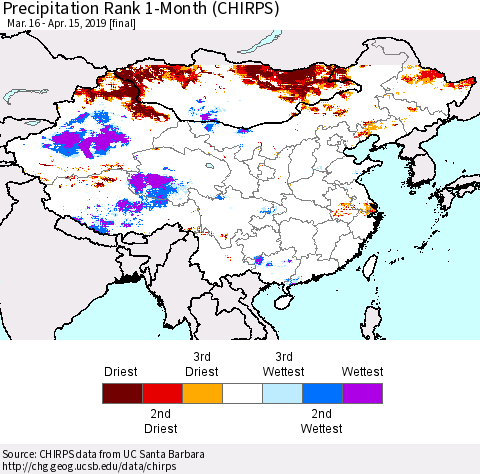 China and Taiwan Precipitation Rank 1-Month (CHIRPS) Thematic Map For 3/16/2019 - 4/15/2019