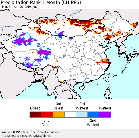 China and Taiwan Precipitation Rank 1-Month (CHIRPS) Thematic Map For 3/21/2019 - 4/20/2019