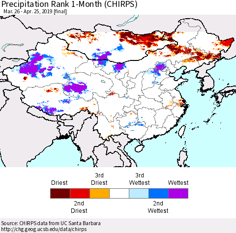 China, Mongolia and Taiwan Precipitation Rank since 1981, 1-Month (CHIRPS) Thematic Map For 3/26/2019 - 4/25/2019