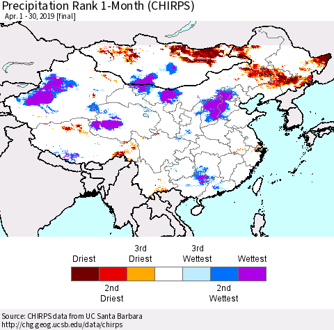China and Taiwan Precipitation Rank 1-Month (CHIRPS) Thematic Map For 4/1/2019 - 4/30/2019